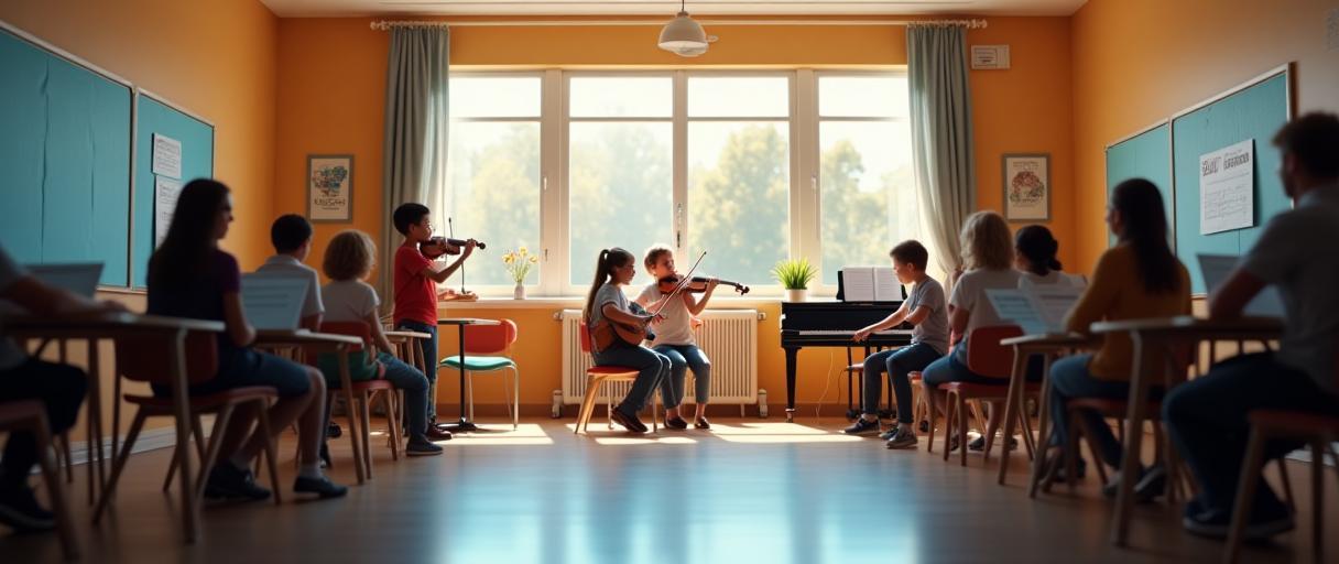 ピアノとヴァイオリンを使った明るい音楽教室の様子